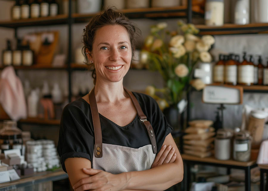 Woman business entrepreneur artisan independent shop owner stand