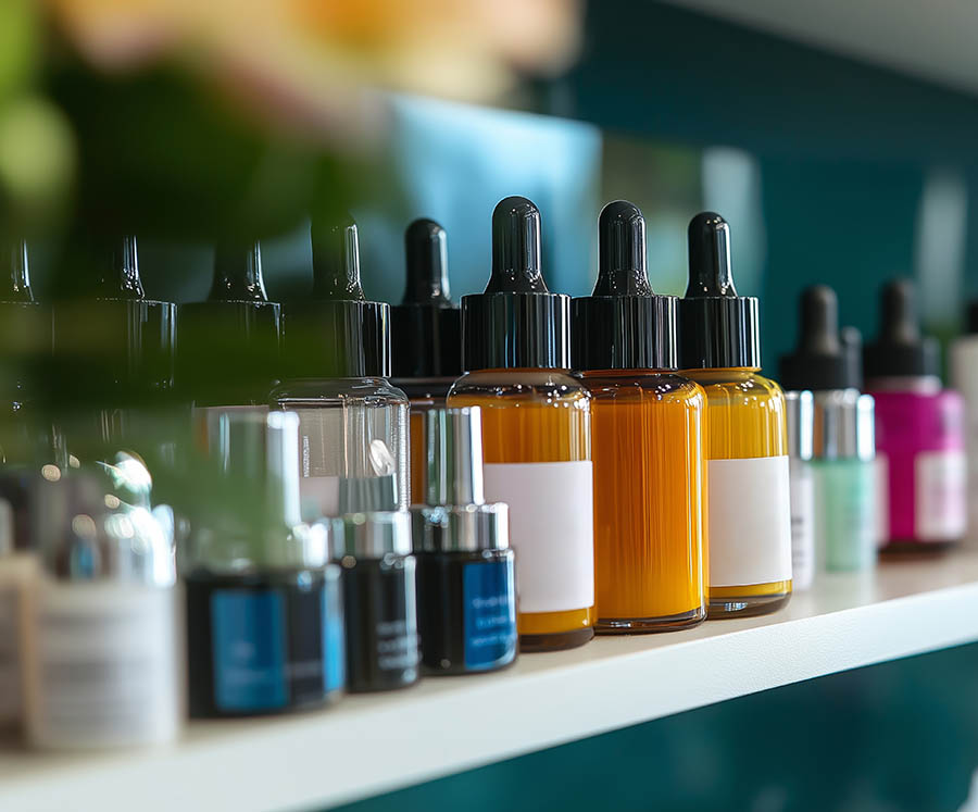 Selection of skincare products displayed on a shelf in a beauty shop featuring various colors and packaging