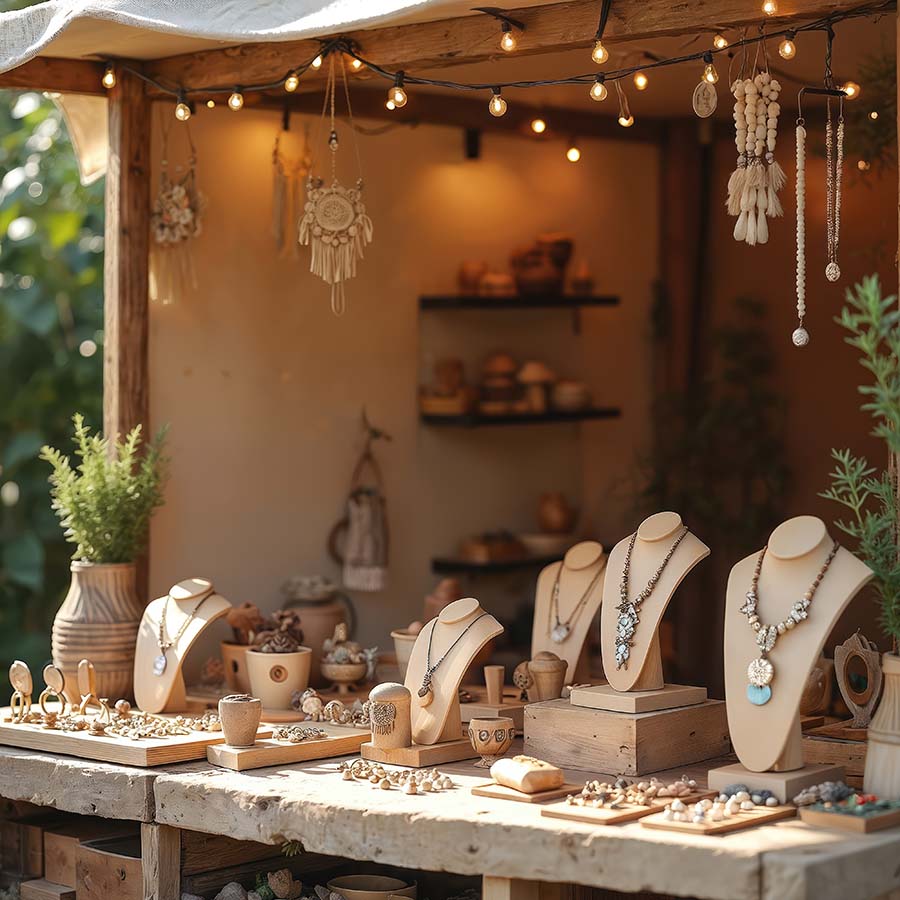 Handcrafted jewelry display on rustic wooden market stall. Bohemian decor, fairy lights. Necklaces, earrings, bracelets, adorn boutique. Perfect for artisanal themes, small business advertising